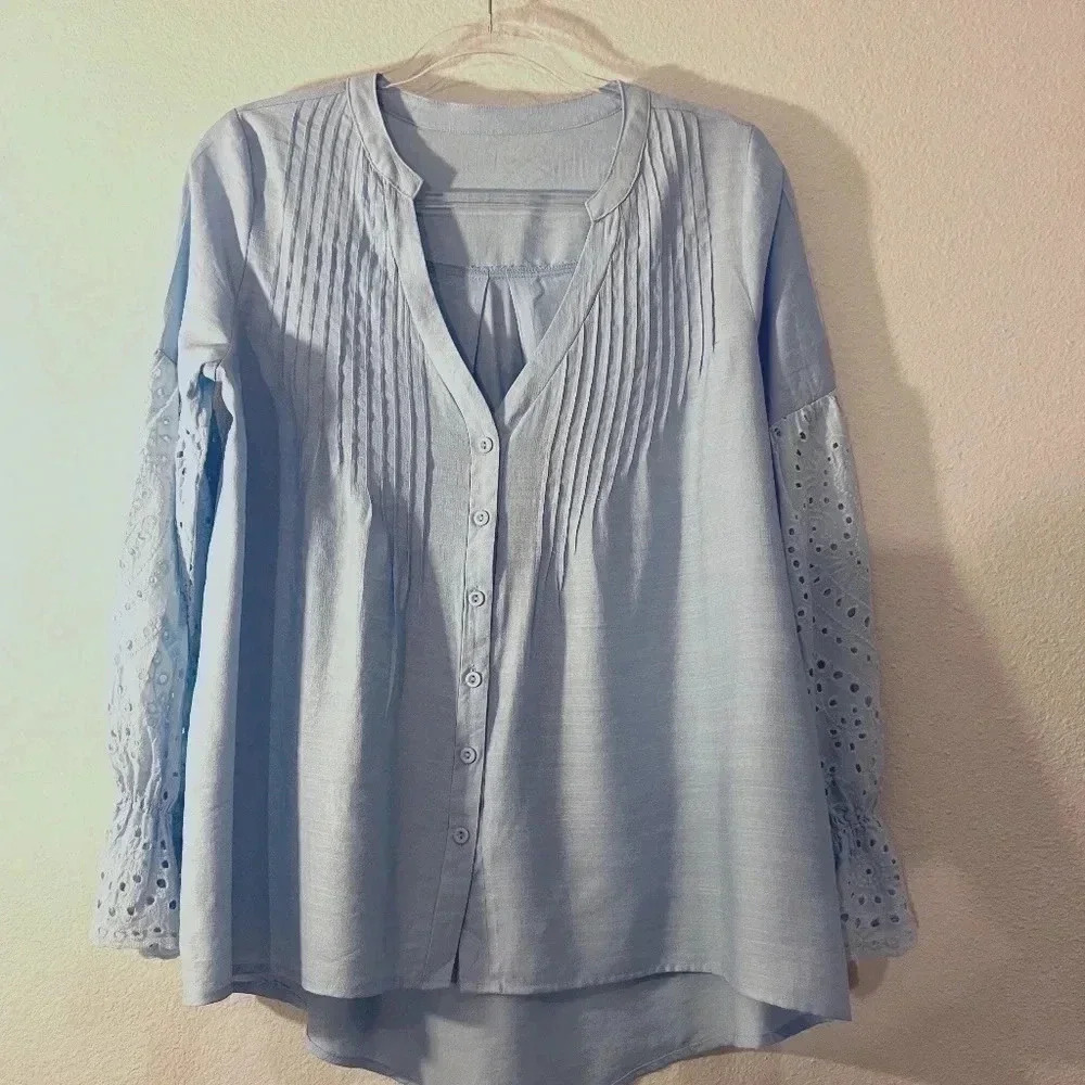 Baby Blue Top with Lace Hole Sleeves Size Small